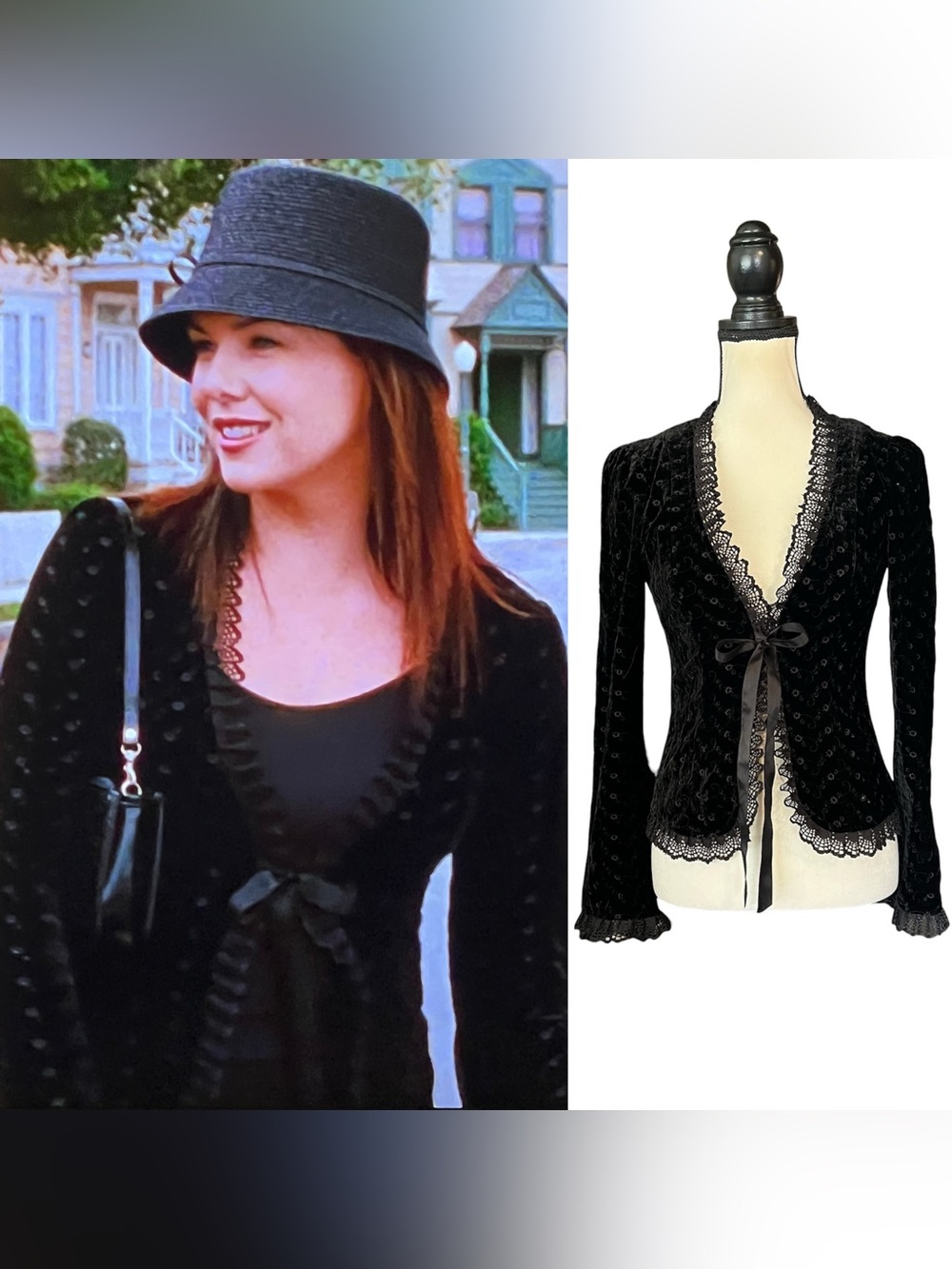 Vintage Velvet Blazer ASO Lorelai Gilmore Girls Embroidered Tie Front Lace Trim